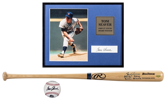 Tom Seaver Signed Lot of (3) Including Inscribed Rawlings Bat, Commemorative Baseball & Signed Cut in Framed Display (JSA) 